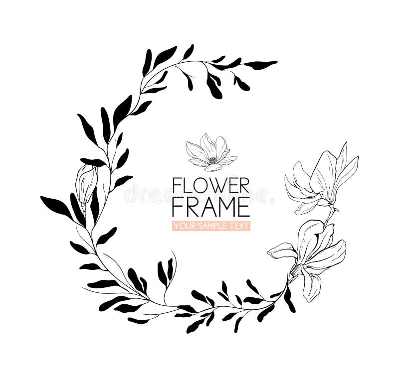 Wreath Magnolia flower drawing and sketch with black and white line-art. stock illustration