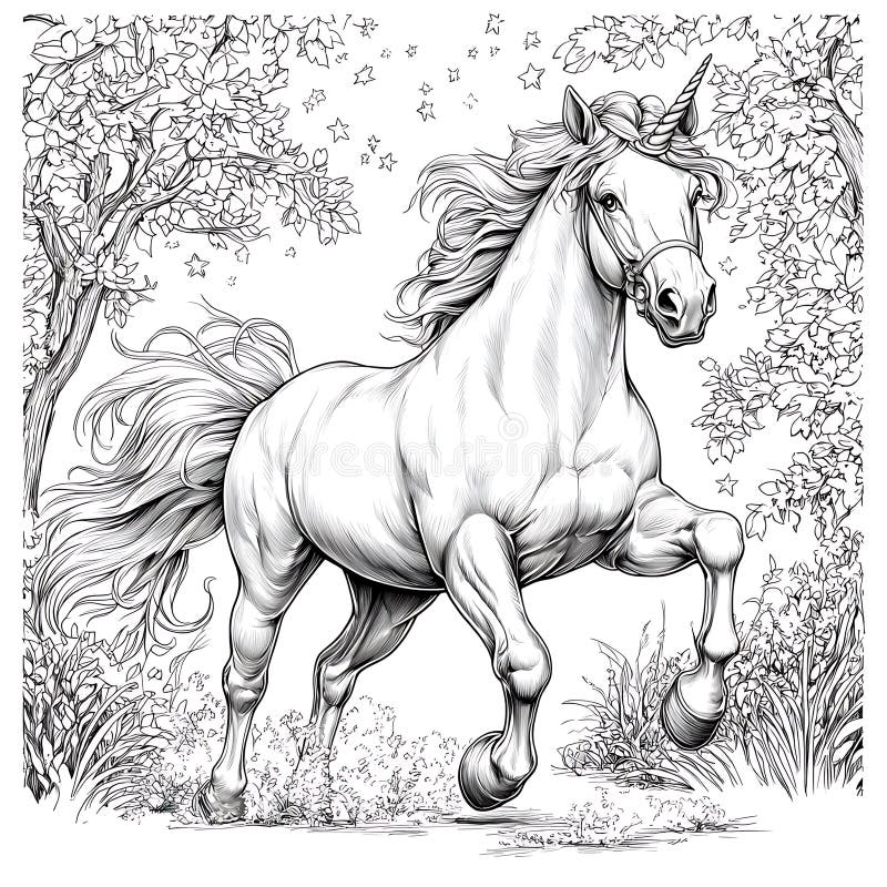 Magnífica página del libro de colorido de unicornio. Explorar una caprichosa página de color unicornio con una detallada ilustración en blanco y negro de un majestuoso unicornio entre la naturaleza. perfecto para la relajación creativa y la imaginación ai generativa