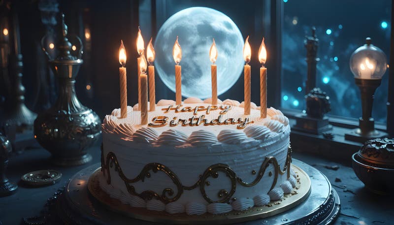 Magnífico pastel de felicitación con una colorida inscripción en crema Feliz cumpleaños y velas ilustración del vector