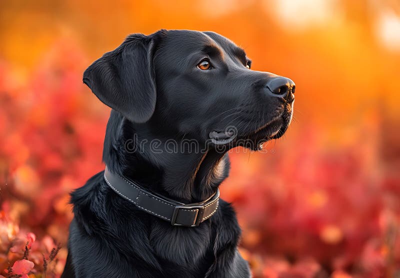 Magnífico perro negro con mirada atenta en el vibrante paisaje otoñal. stock de ilustración