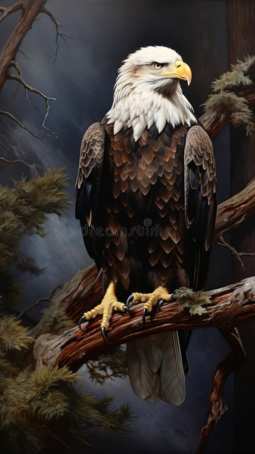 Magnífico Águila Baldosa Encaramado En Un Paisaje De Rama De Árbol libre illustration