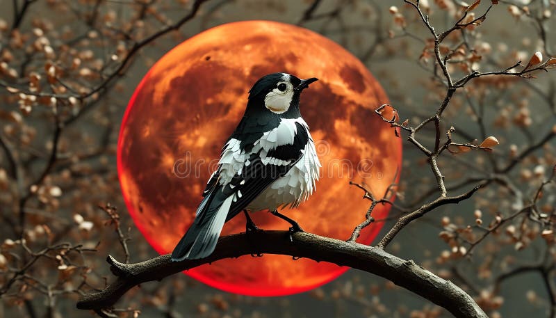 Magpie-lark Under the Blood Moon - Generative AI stock illustration