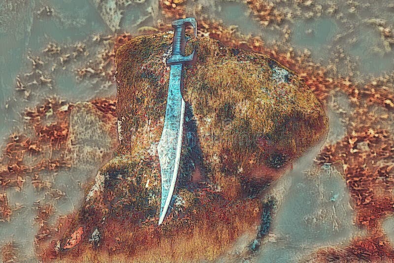 Magyc sword on mosse rock in forest. Painting effect.