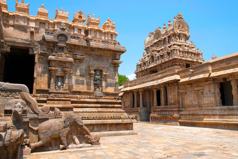 Maha-mandapa on the left and entrance gopura on the right, Airavatesvara Temple, Darasuram, Tamil Nadu. View from South. Maha-mandapa on the left and entrance royalty free stock photo Maha-mandapa on the left and entrance gopura on the right, Airavatesvara Temple, Darasuram, Tamil Nadu. View from South. Maha-mandapa on the left and entrance royalty free stock photo