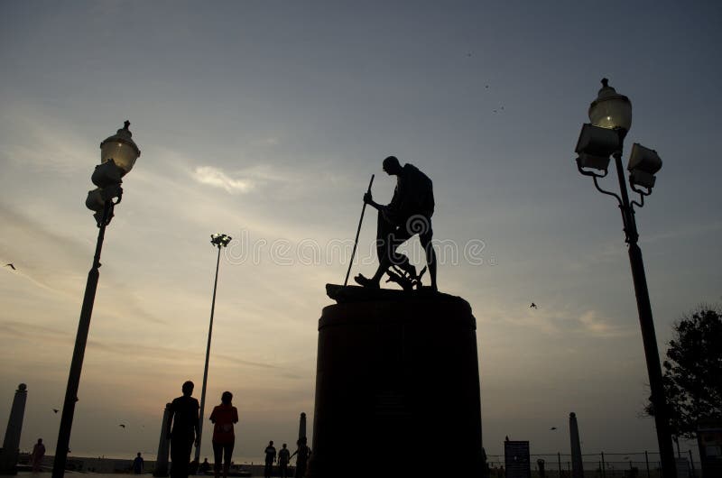 Silhoutte of statue of Mahatma Gandhi located at Marina Beach, Chennai, Tamil Nadu, India, Asia. Silhoutte of statue of Mahatma Gandhi located at Marina Beach, Chennai, Tamil Nadu, India, Asia