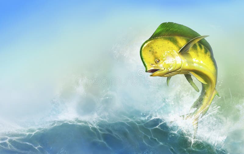 Mahi mahi yellow or dolphin fish on sea wave. Big dorado fish yellow-green realistic background illustration