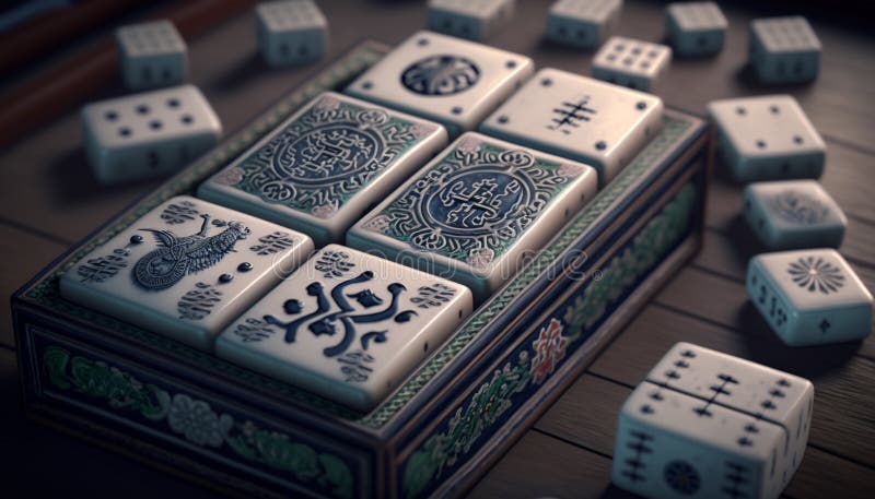 colorida chinês mahjong conjunto com azulejos, dados e contadores