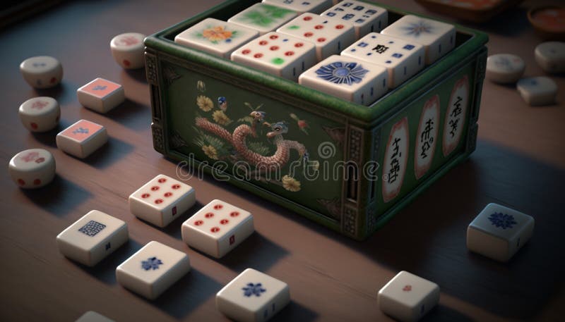 colorida chinês mahjong conjunto com azulejos, dados e contadores