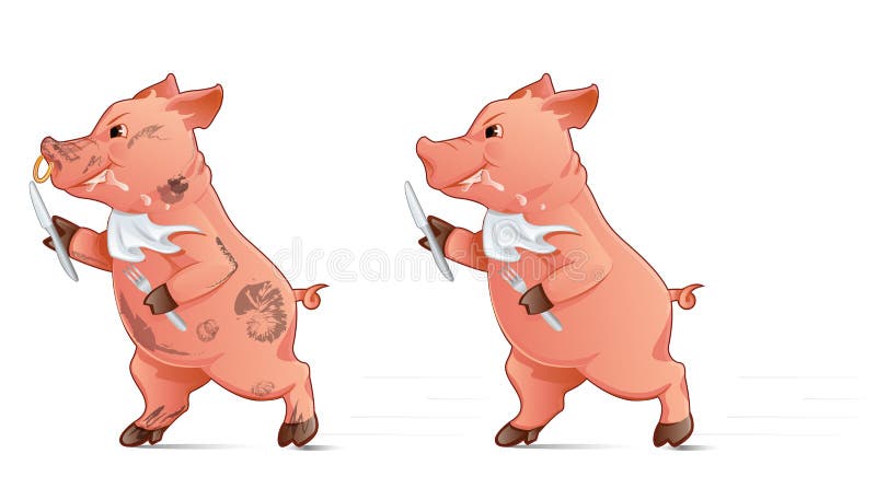 Hungry pig holding fork and knife and running. Hungry pig holding fork and knife and running