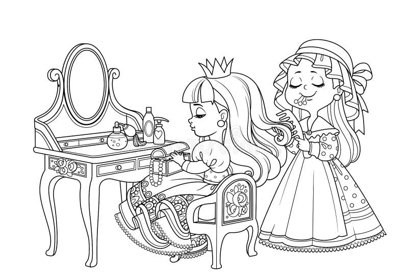 Maid Combing the Hair of a Princess Outlined for Coloring Book Stock Vector  - Illustration of frills, coloring: 202657017
