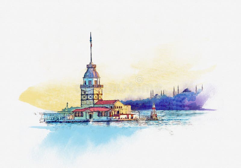 Maiden tower at dawn in Istanbul, Turkey. Watercolor sketch