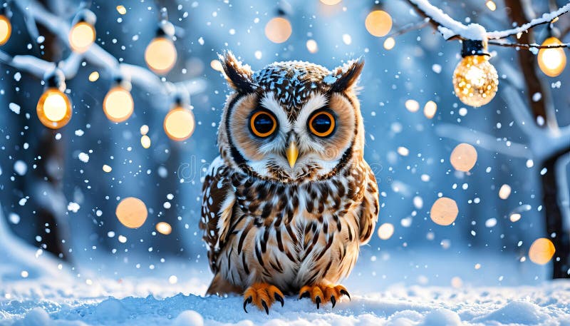 Maiestuoasă bufniță de zăpadă cu lumini festive pe tărâmul minunilor royalty free stock photos