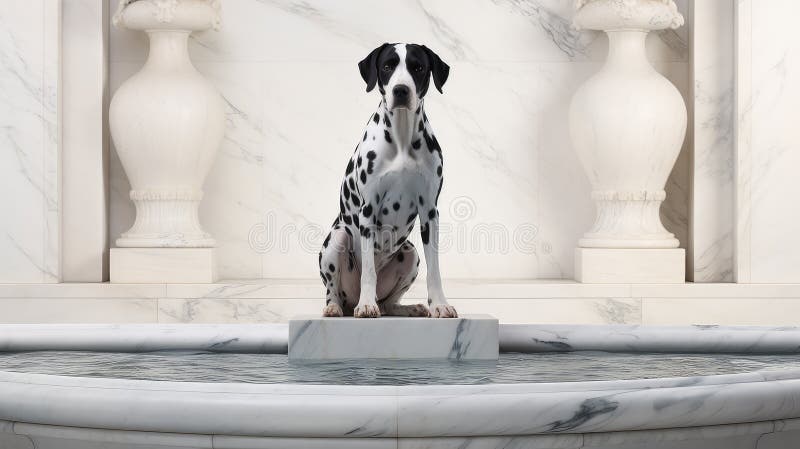 Maiestuos negru și alb câine pozând într-o fântână vector illustration