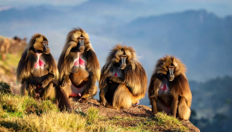 Maiestuosul Gelada Baboons s-a adunat în Pășunile Etiopiene în zori royalty free illustration