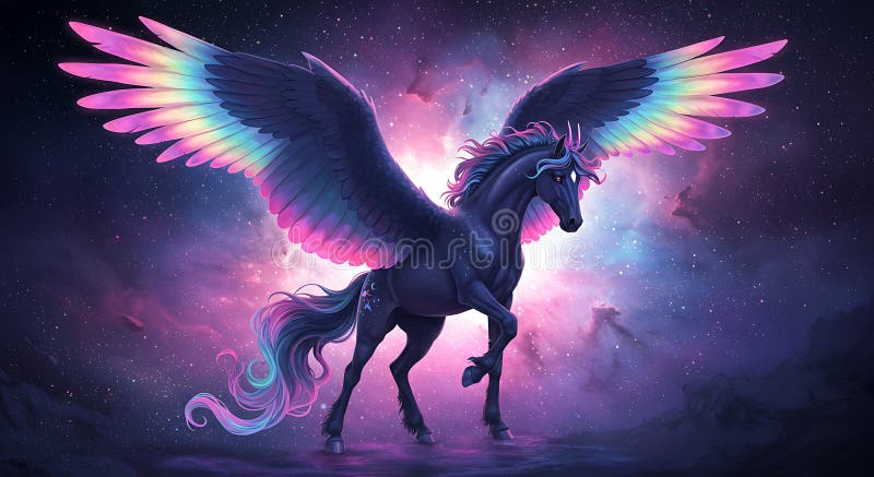 Maiestuosul Pegasus negru cu aripi mari multicolore se ridică împotriva unui cosmic stock illustration