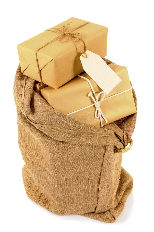 Mail bag or sack filled with wrapped packages, isolated white background. Mail sack or bag with brown paper packages stock photos Mail bag or sack filled with wrapped packages, isolated white background. Mail sack or bag with brown paper packages stock photos