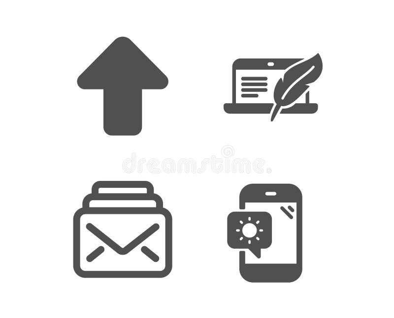 Mail, Copyright laptop and Upload icons. Weather phone sign. New messages, Writer device, Load arrowhead. Vector royalty free illustration