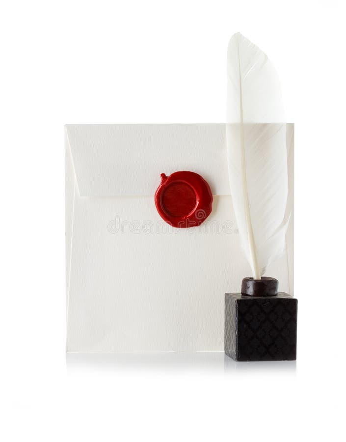 Mail envelope or letter sealed with wax seal stamp and quill pen