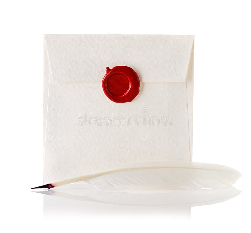 Mail envelope or letter sealed with wax seal stamp and quill pen