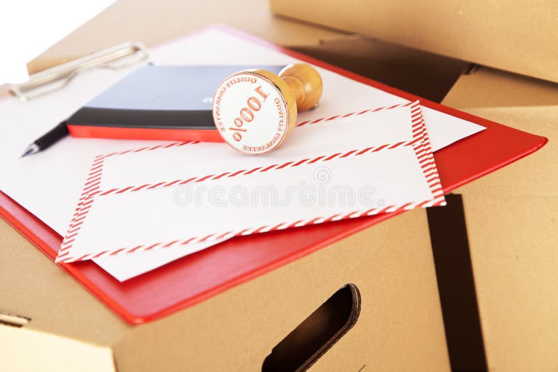 Mail Envelope on Cardboard Boxes Stock Image Image of quality, stamp 109269697
