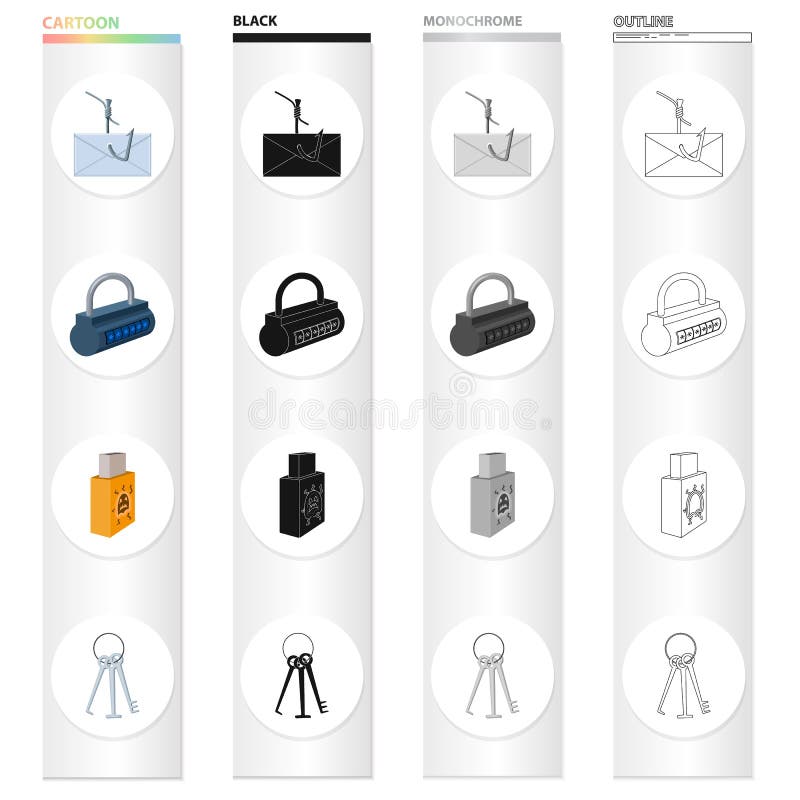Mail on the hook, the lock with the code, the infected flash drive, the master key for breaking. Hacker and hacking set royalty free illustration