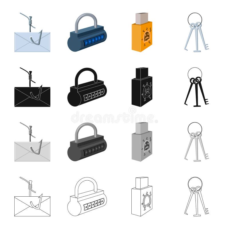 Mail on the hook, the lock with the code, the infected flash drive, the master key for breaking. Hacker and hacking set royalty free illustration