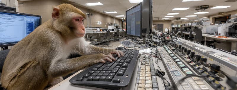 Maimuța macacă folosește o tastatură în timp ce stă la un birou înconjurată de materiale de birou și plante într-un spațiu de lucr stock photos