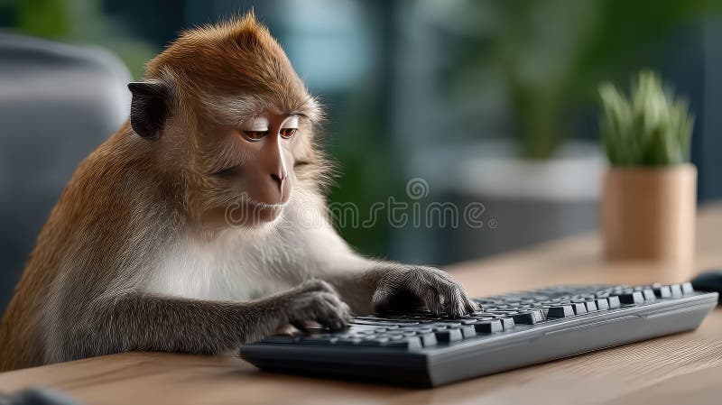 Maimuța macacă folosește o tastatură în timp ce stă la un birou înconjurată de materiale de birou și plante într-un spațiu de lucr royalty free stock photography