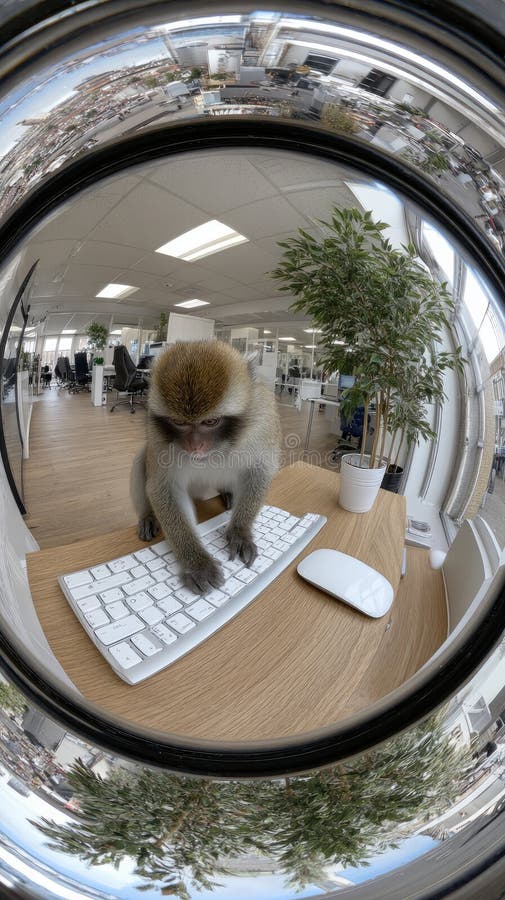 Maimuța macacă folosește o tastatură în timp ce stă la un birou înconjurată de materiale de birou și plante într-un spațiu de lucr royalty free stock photo
