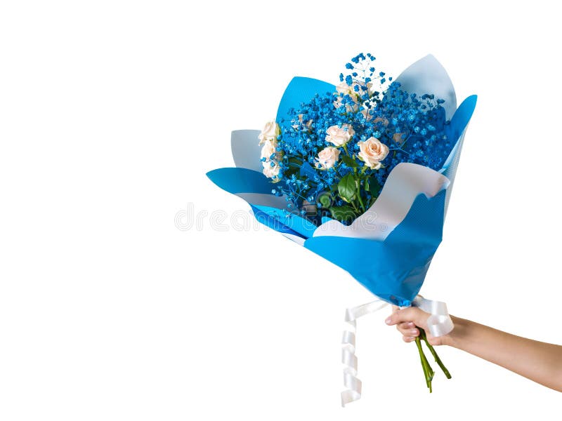 Main avec beau bouquet bleu vif isolé sur fond blanc Un cadeau pour une femme Espace pour votre texte illustration de vecteur Main avec beau bouquet bleu vif isolé sur fond blanc Un cadeau pour une femme Espace pour votre texte illustration de vecteur