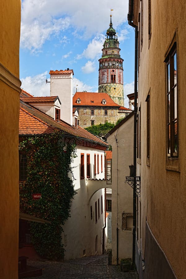 Main castle tower view from backlane, UNESCO site of Cesky Krumlov, Czech Republic royalty free stock photo Main castle tower view from backlane, UNESCO site of Cesky Krumlov, Czech Republic royalty free stock photo