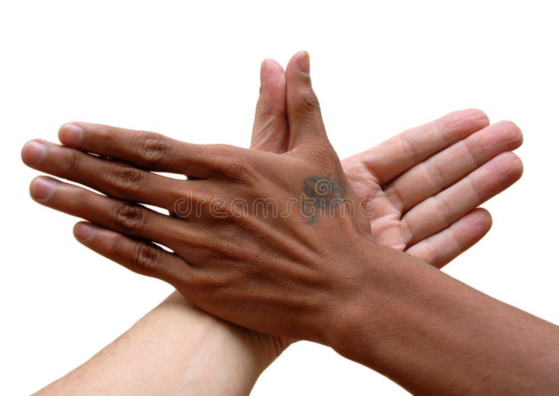 African black and Caucasian white hand touching thumbs up in unity. Isolated over white. African black and Caucasian white hand touching thumbs up in unity. Isolated over white.