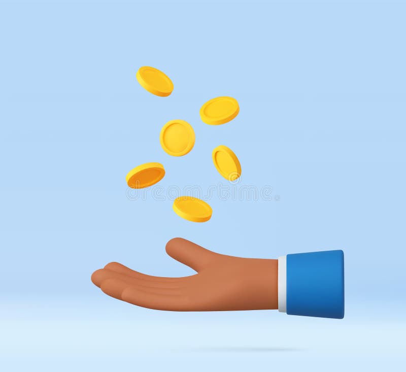 3d hand with coins flying. Saving money concept. Payment and Cash back. 3d rendering. Vector illustration. 3d hand with coins flying. Saving money concept. Payment and Cash back. 3d rendering. Vector illustration