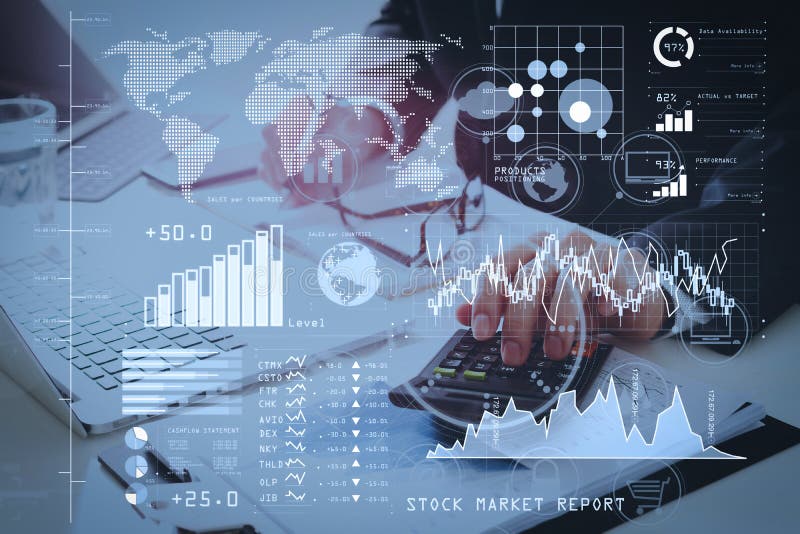 Investor analyzing stock market report and financial dashboard with business intelligence (BI), with key performance indicators (KPI).businessman hand working with finances about cost and calculator. Investor analyzing stock market report and financial dashboard with business intelligence (BI), with key performance indicators (KPI).businessman hand working with finances about cost and calculator.
