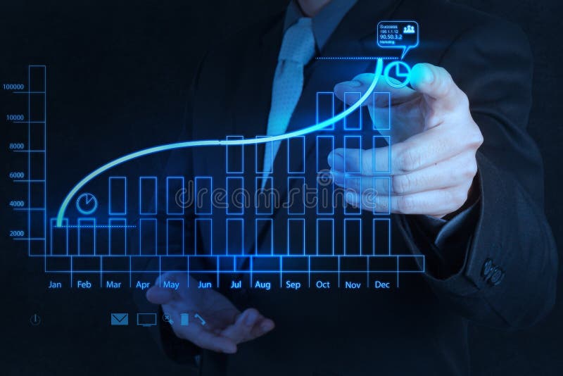 Main d'homme d'affaires dessinant des affaires virtuelles de diagramme photographie stock libre de droits Main d'homme d'affaires dessinant des affaires virtuelles de diagramme photographie stock libre de droits