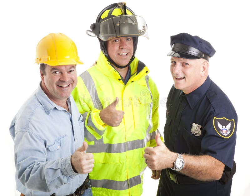 Friendly blue collar workers - fireman, policeman, construction worker - giving thumbs up sign. Isolated on white. Friendly blue collar workers - fireman, policeman, construction worker - giving thumbs up sign. Isolated on white.