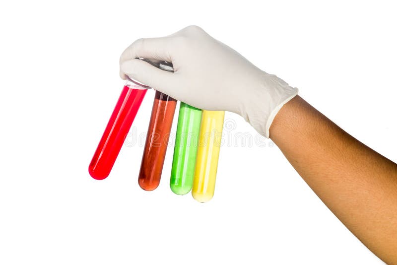Main dans des gants de latex tenant des tubes à essai avec le liquide images libres de droits Main dans des gants de latex tenant des tubes à essai avec le liquide images libres de droits
