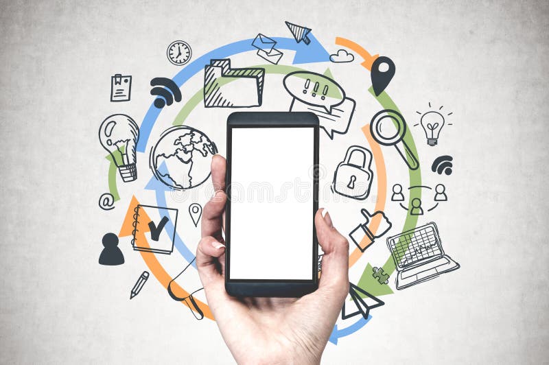 Main de femme avec le téléphone, icônes de wifi image stock Main de femme avec le téléphone, icônes de wifi image stock