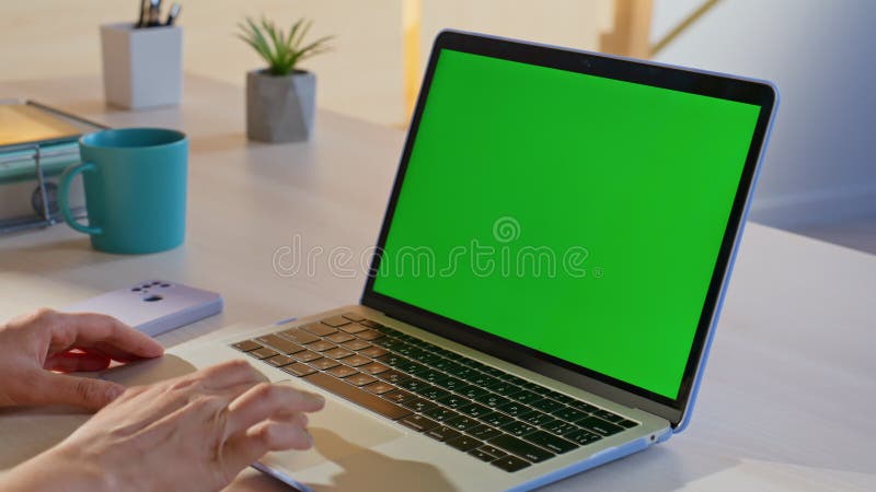 Main de l'entrepreneur naviguer sur chroma clé ordinateur portable au bureau closeup. bureau femme banque de vidéos