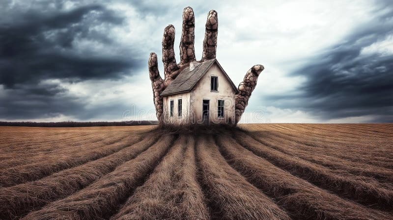 Main de pierre géante tenant maison abandonnée dans champ cultivé sous ciel orageux illustration stock
