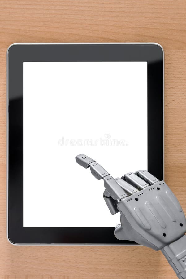 Main de robot utilisant l'écran vide de comprimé d'écran tactile photographie stock libre de droits Main de robot utilisant l'écran vide de comprimé d'écran tactile photographie stock libre de droits