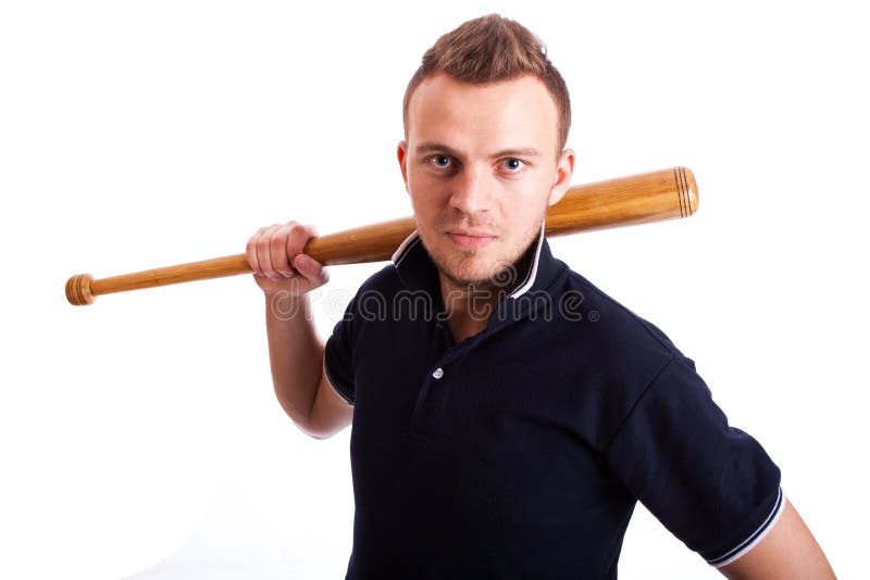 Main fâchée d'homme jugeant la batte de baseball d'isolement sur le blanc photos libres de droits Main fâchée d'homme jugeant la batte de baseball d'isolement sur le blanc photos libres de droits