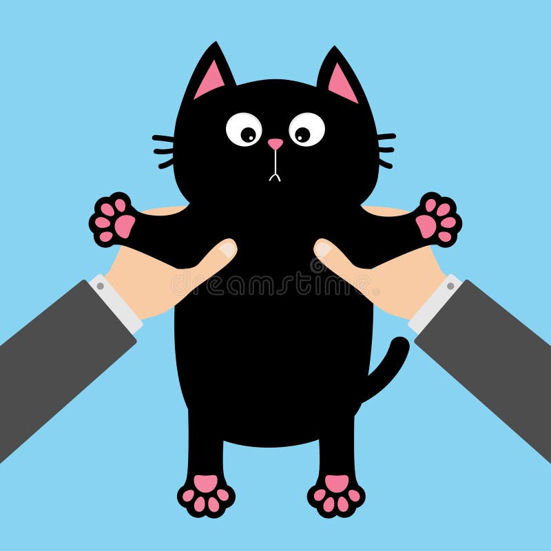 Main humaine d'homme d'affaires tenant le visage drôle de chat noir, copie de patte, moustaches Personnage de dessin animé mignon illustration stock Main humaine d'homme d'affaires tenant le visage drôle de chat noir, copie de patte, moustaches Personnage de dessin animé mignon illustration stock