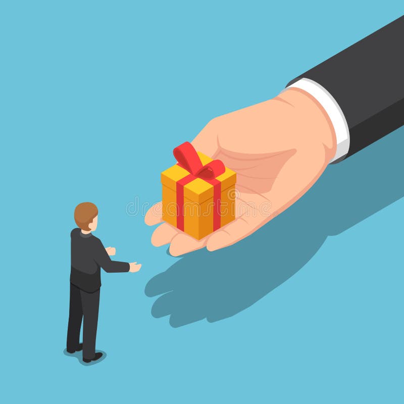Main isométrique donnant le boîte-cadeau à l'homme d'affaires illustration stock Main isométrique donnant le boîte-cadeau à l'homme d'affaires illustration stock