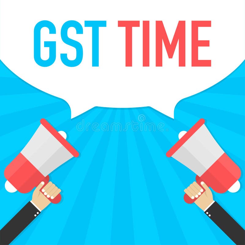Main masculine tenant le mégaphone avec la bulle de la parole de temps de GST Bannière pour des affaires Illustration de vecteur illustration stock Main masculine tenant le mégaphone avec la bulle de la parole de temps de GST Bannière pour des affaires Illustration de vecteur illustration stock