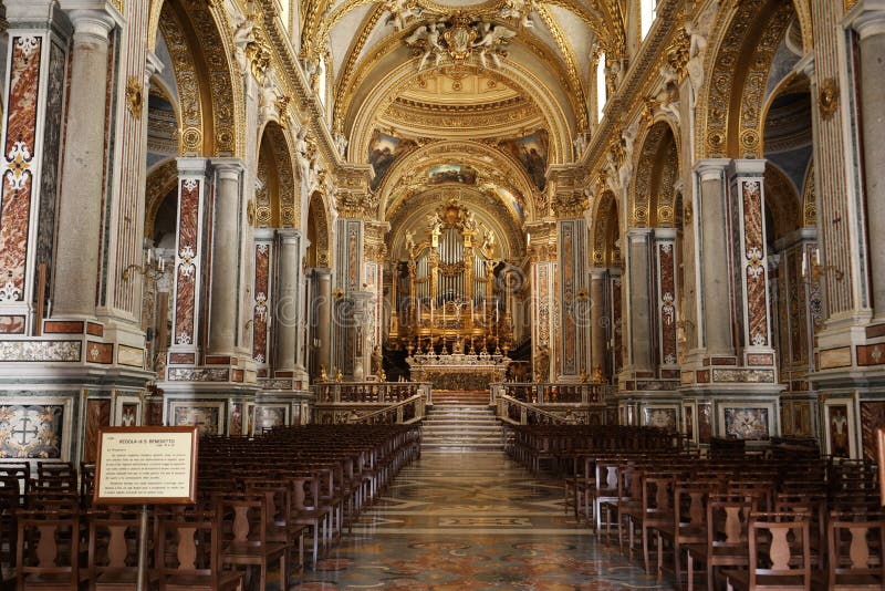 Main nave and altar Inside the Basilica Cathedral at Monte Cassino Abbey. Italy royalty free stock photos Main nave and altar Inside the Basilica Cathedral at Monte Cassino Abbey. Italy royalty free stock photos