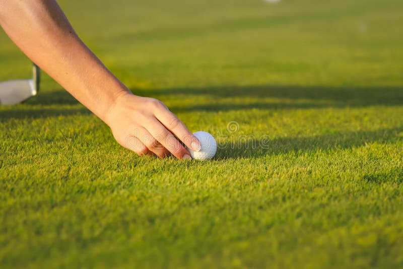 Main plaçant la boule de golf sur la pièce en t photographie stock Main plaçant la boule de golf sur la pièce en t photographie stock