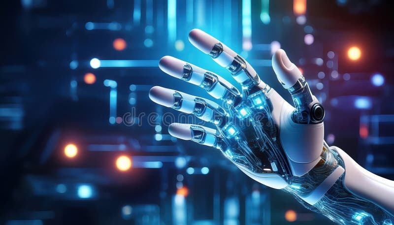 Main robotisée de haute technologie avec des circuits lumineux et des doigts cybernétiques illustration stock