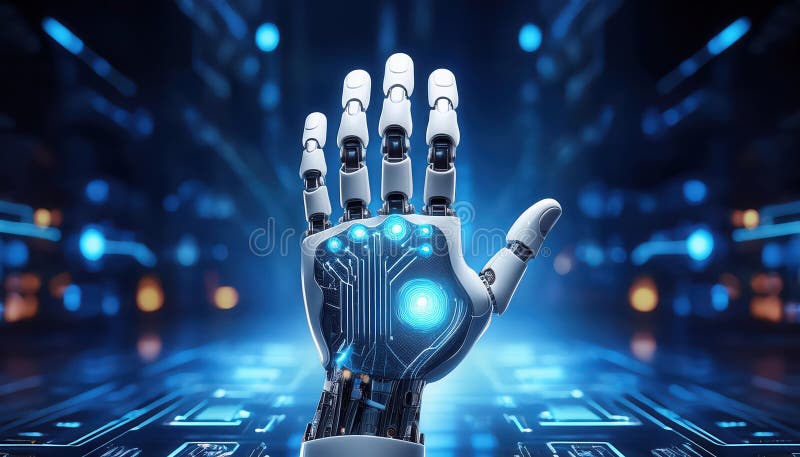 Main robotisée de haute technologie avec des circuits lumineux et des doigts cybernétiques illustration libre de droits