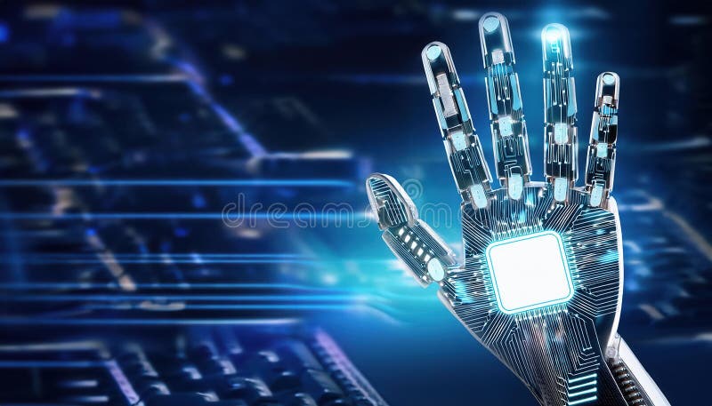 Main robotisée de haute technologie avec des circuits lumineux et des doigts cybernétiques illustration stock